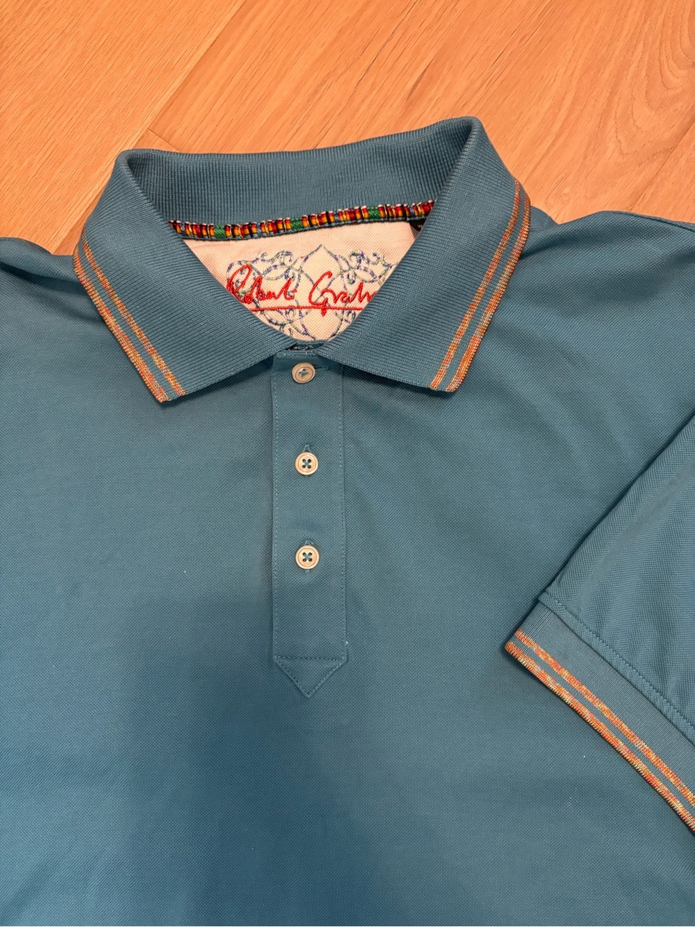 Robert Graham Short Sleeve Polo Shirt Mens Size Large blue /teal Embroidery
